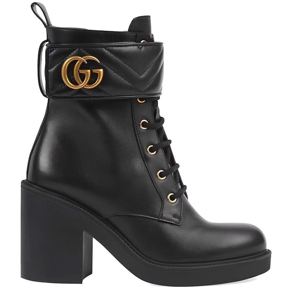 Gucci Double G Marmont Leather Combat Ankle Boots Lace up Black Gold 36.5